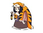  1girl black_hair dress full_body half-closed_eyes hand_up herny indivisible lantern long_hair long_sleeves looking_up orange_eyes pelt razmi_(indivisible) simple_background solo standing tiger_pelt white_background 