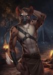  2017 5_fingers anthro black_nose brown_fur digital_media_(artwork) ear_piercing fire fur hyena male mammal navel piercing solo spots spotted_fur wildering 