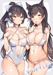  :&lt; aozora_nan arm_behind_back atago_(azur_lane) azur_lane bikini blush border bow breasts brown_eyes brown_hair casual_one-piece_swimsuit choker cleavage collarbone covered_navel criss-cross_halter eyebrows_visible_through_hair finger_to_mouth flower grey_border groin hair_bow hair_flower hair_ornament halterneck hands_on_own_chest highres index_finger_raised large_breasts long_hair looking_at_viewer multiple_girls navel one-piece_swimsuit ponytail sarong see-through shiny shiny_skin standing stomach sweat swimsuit takao_(azur_lane) tareme underboob very_long_hair white_background white_bikini white_bow white_choker white_neckwear white_swimsuit 