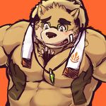  anthro bear blush eyewear floating_hands glasses hat istani male mammal moobs muscular muscular_male pocky simple_background straw_hat tokyo_afterschool_summoners towel volos white_background 