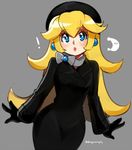  alternate_costume black_coat black_gloves blonde_hair blue_eyes d-ryuu earrings gloves grey_background hat jewelry long_hair looking_at_viewer mario_(series) power_moon princess_peach solo super_mario_bros. super_mario_odyssey upper_body 