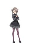  ange_(princess_principal) asymmetrical_hair black_dress black_footwear black_neckwear blue_eyes braid dress full_body grey_hair hand_on_hip highres looking_at_viewer makaria official_art princess_principal princess_principal_game_of_mission purple_legwear shoes short_hair silver_hair smile solo standing striped striped_legwear transparent_background vertical-striped_legwear vertical_stripes 