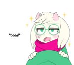  boss_monster caprine cute_fangs deltarune dialogue eyewear floppy_ears friisans glasses goat green_eyes horn mammal not_impressed pink_horn ralsei scarf sparkle text undertale video_games 