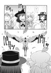  bird bow bowtie comic dress dress_shirt greyscale hat hat_bow heron highres kannari long_sleeves maribel_hearn medium_hair mob_cap monochrome multiple_girls shirt short_hair smoke touhou transformation translated usami_renko wavy_hair 