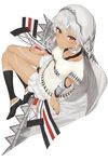  altera_(fate) bangs black_legwear black_nails commentary_request dark_skin detached_sleeves fate/extella fate/extra fate_(series) hand_on_thigh hayashi_kewi leg_warmers legs looking_at_viewer looking_up nail_polish red_eyes sash shirt short_hair silver_hair sitting skirt socks solo swept_bangs tattoo veil white_hair white_shirt white_skirt 