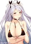  antenna_hair azur_lane bare_arms bare_shoulders bikini bikini_top black_bikini black_ribbon blush breast_hold breasts cleavage covered_nipples cross cross_earrings earrings eyebrows_visible_through_hair finger_to_mouth flag_print food_between_breasts german_flag_bikini gin'ichi_(akacia) hair_ribbon jewelry large_breasts long_hair looking_at_viewer mole mole_on_breast multicolored_hair nose_blush parted_lips prinz_eugen_(azur_lane) purple_eyes red_eyes red_hair ribbon shiny shiny_hair silver_hair simple_background skindentation smile solo streaked_hair swimsuit twitter_username two_side_up underboob underwear very_long_hair white_background 