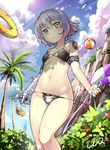  absurdres arm_belt ball bandaged_arm bandages bare_arms bare_shoulders beach_umbrella beachball bikini bird black_bikini blue_sky breasts bush ccq cliff closed_mouth cloud cloudy_sky collarbone cowboy_shot dagger day dual_wielding facial_scar fate/apocrypha fate_(series) flower gradient_hair green_eyes groin hibiscus highres holding holding_weapon innertube jack_the_ripper_(fate/apocrypha) looking_at_viewer lotion_bottle multicolored_hair navel outdoors palm_tree pink_hair scar scar_across_eye shiny shiny_skin short_hair shoulder_tattoo signature silver_hair sky small_breasts solo standing stomach surfboard swimsuit tattoo thighs tree umbrella underboob weapon 