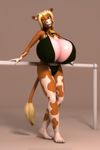  3d_(artwork) annabelle_cow anthro anthroanim big_breasts bikini blonde_hair bovine breasts cattle cleavage clothed clothing cowbell digital_media_(artwork) female fur hair hi_res horn huge_breasts looking_at_viewer mammal open_mouth simple_background smile solo swimsuit 