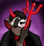  alec anthro brazil clothed clothing digital_media_(artwork) fur hair halloween holidays looking_at_viewer male mammal october open_mouth procyonid purple_eyes raccoon red_devil simple_background smile solo tanuki tongue tongue_out 