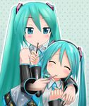 aqua_hair blue_background blue_eyes blush clenched_hand closed_eyes detached_sleeves dual_persona eating food hair_ornament hatsune_miku headset highres kazu-chan long_hair multiple_girls necktie pocky pocky_day smile standing twintails very_long_hair vocaloid 