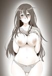  :&lt; ass_visible_through_thighs blush bow bow_panties breasts commentary_request frown greyscale hair_between_eyes hair_down highres large_breasts limited_palette long_hair looking_at_viewer messy_hair mole mole_under_mouth monochrome morioka_moriko navel netojuu_no_susume nipples panties pubic_hair pubic_hair_peek shirt_lift short_sleeves skindentation solo t-aoba underwear very_long_hair 
