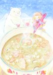  akisame-zakkaten bear blue_sky bowl braid brown_hair colored_pencil_(medium) food highres ladle licking_lips mittens mountain original oversized_object sky snow standing stew tongue tongue_out traditional_media watercolor_(medium) winter_clothes wolf 