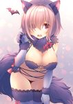  :d animal_ears anju_(mocomocousagi) bat bent_over blush breasts claw_pose cleavage dangerous_beast detached_collar elbow_gloves eyes_visible_through_hair fang fate/grand_order fate_(series) foreshortening fur-trimmed_gloves fur_collar fur_trim gloves gradient gradient_background hair_over_one_eye lace lace-trimmed_thighhighs looking_at_viewer mash_kyrielight medium_breasts navel open_mouth pink_hair purple_background purple_eyes purple_gloves purple_legwear revealing_clothes shiny shiny_hair short_hair smile solo sparkle standing stomach tareme thighhighs translated wolf_ears 