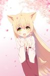  &gt;_&lt; :d absurdres animal_ears bangs blonde_hair blush chinese commentary_request eyebrows_visible_through_hair fang fox_ears fox_girl fox_tail gradient gradient_background hair_between_eyes hands_up highres japanese_clothes kimono konohana_kitan long_hair long_sleeves looking_at_viewer obi open_mouth own_hands_together petals pink_background pink_kimono red_skirt sash skirt smile solo standing tail translated very_long_hair white_background wide_sleeves xd xiaosamiao yellow_eyes yuzu_(konohana_kitan) 