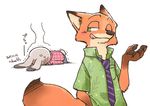  2017 anthro canine clothed clothing disney duo female fox fully_clothed fur green_eyes grey_fur hawaiian_shirt judy_hopps lagomorph looking_back lying male mammal necktie nick_wilde on_front orange_fur rabbit rikuo_(artist) shirt simple_background tongue tongue_out white_background zootopia りくお 