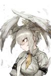  absurdres bangs breast_pocket closed_mouth collared_jacket eyebrows_visible_through_hair from_side grey_jacket grey_neckwear hair_between_eyes head_wings highres hiranko jacket kemono_friends long_hair long_sleeves necktie pocket shoebill_(kemono_friends) short_over_long_sleeves short_sleeves side_ponytail silver_hair solo upper_body yellow_eyes 