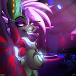  2017 absurd_res anthro big_breasts blue_tongue breasts cat fake_breasts fangs feline fellatio fur glowing glowing_nipples glowing_tongue green_fur hand_on_head hi_res hybrid inside invalid_tag long_tongue low_lit makeup mammal mohawk neon_lighting nipples oral penis petrabyte_incast piercing precum rodent sex solo_focus squirrel strip_club stripper tattoo tongue tongue_on_testicles tongue_out tonguejob vrabo 