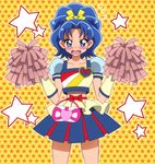  blue_eyes blue_hair blush bow cosplay cure_honey cure_honey_(cosplay) fang flying_sweatdrops hair_bow happinesscharge_precure! high_ponytail kirakira_precure_a_la_mode looking_at_viewer onomekaman open_mouth pom_poms ponytail popcorn_cheer precure puffy_short_sleeves puffy_sleeves short_sleeves skirt solo star starry_background sweatdrop tategami_aoi yellow_bow 