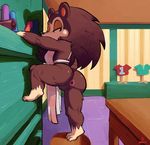  2017 5_fingers animal_crossing anthro anus apron bottomless breasts brown_fur brown_hair butt clothed clothing digital_media_(artwork) female fur hair half-closed_eyes hedgehog lilmoonie looking_back mammal naked_apron nintendo presenting presenting_hindquarters pussy rear_view sable_able short_stack solo spread_legs spreading store video_games 