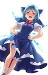  :o blue_dress blue_eyes blue_hair blush bow breasts cirno dress hair_bow hands_on_hips highres ice ice_wings looking_at_viewer open_mouth puffy_short_sleeves puffy_sleeves red_ribbon ribbon short_hair short_sleeves small_breasts solo touhou usotsuki_penta v-shaped_eyebrows wings 