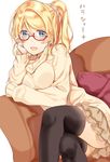  ayase_eli black_legwear blonde_hair blue_eyes blush commentary_request couch crossed_legs cushion glasses hand_on_own_cheek head_rest long_sleeves looking_at_viewer love_live! love_live!_school_idol_project miniskirt mogu_(au1127) open_mouth ponytail red-framed_eyewear scrunchie semi-rimless_eyewear sitting skirt solo sweater thighhighs under-rim_eyewear white_background white_scrunchie 