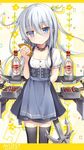  adapted_costume alcohol anchor_symbol bankoku_ayuya blue_eyes bottle cosplay dirndl german_clothes hammer_and_sickle hibiki_(kantai_collection) kantai_collection long_hair pirozhki silver_hair skewer star verniy_(kantai_collection) vodka z1_leberecht_maass_(kantai_collection) z1_leberecht_maass_(kantai_collection)_(cosplay) 