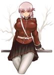  belt braid breasts fate/grand_order fate_(series) florence_nightingale_(fate/grand_order) folded_ponytail jonylaser large_breasts looking_at_viewer military military_uniform pantyhose pink_hair pleated_skirt red_eyes skirt smile solo uniform white_legwear 