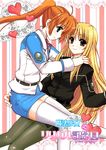  2girls blonde_hair blue_eyes brown_hair couple cover doujin_cover fate_testarossa happy heart hug long_hair looking_at_another lyrical_nanoha mahou_shoujo_lyrical_nanoha mahou_shoujo_lyrical_nanoha_strikers mahou_shoujo_lyrical_nanoha_vivid mekimeki mekimeki_oukoku military_uniform ponytail red_eyes sitting smile stockings takamachi_nanoha thighhighs thighs uniform very_long_hair yuri 