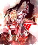  akamiso_(k074510) aqua_eyes armor blonde_hair fate/apocrypha fate_(series) gauntlets green_eyes grin highres holding holding_sword holding_weapon kneeling looking_at_viewer mordred_(fate) mordred_(fate)_(all) ponytail smile solo sword teeth weapon 