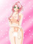  1girl blush breasts censored convenient_censoring glowing green_eyes hair_censor hair_over_breasts holding_arm inabakun00 large_breasts long_hair looking_at_viewer navel nude original parted_lips pink_background pink_hair ponytail rio_(inaba) solo sparkle standing 