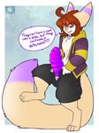 2015 anthro balls brown_hair canine clothed clothing fluffy fluffy_tail fox fur girly hair male mammal nut-case penis pink_nose purple_eyes solo tan_fur tinyfawks white_fur wide_hips 