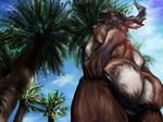  2015 5_fingers anthro antlers black_nose blue_eyes brown_fur brown_hair butt cervine clothed clothing day deer ears_back fur hair half-closed_eyes horn killianwalker looking_at_viewer looking_down low-angle_view male mammal multicolored_fur muscular muscular_male palm_trees pants revealing_(disambiguation) sky solo standing teasing topless tree undressing white_fur 