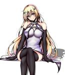  bare_shoulders black_gloves black_legwear blush breasts chain crossed_legs elbow_gloves fate/apocrypha fate_(series) gloves highres jeanne_d'arc_(fate) jeanne_d'arc_(fate)_(all) large_breasts long_hair purple_eyes sitting smile solo tetsu_(excalibur920) 