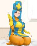  bakkanki blue_hair blush bodystocking bodysuit breasts curvy dragon_quest dragon_quest_iii gloves hat indoors lap_pillow lap_pillow_invitation large_breasts long_hair mimikaki mitre on_bed orange_bodysuit parted_lips priest_(dq3) red_eyes seiza sitting skin_tight solo tabard very_long_hair window yellow_gloves 