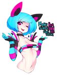  ;d animal_ears black_choker black_neckwear blue_hair breasts choker elbow_gloves english gloves highres horizontal_stripes looking_at_viewer medium_breasts multicolored multicolored_clothes multicolored_gloves navel one_eye_closed open_mouth original pale_skin pink_eyes short_hair simple_background slugbox smile solo striped underboob upper_body vomi_agogo white_background 