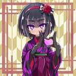  blush eyebrows_visible_through_hair flower hair_flower hair_ornament hairband hakama heart heart-shaped_pupils heart_hands highres japanese_clothes kimono looking_at_viewer nanarokushiki no_nose original patterned_background smile solo symbol-shaped_pupils thick_eyebrows yagasuri 