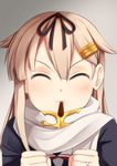  ^_^ black_ribbon blonde_hair clenched_teeth closed_eyes commentary dot_nose facing_viewer food food_in_mouth hair_between_eyes hair_flaps hair_ornament hair_ribbon hairclip highres incoming_pocky_kiss jewelry kantai_collection long_hair mouth_hold pocky pocky_day remodel_(kantai_collection) ribbon ring scarf solo teeth upper_body v-shaped_eyebrows wedding_band white_scarf yasume_yukito yuudachi_(kantai_collection) 