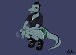  alligator anthro athletic bea_(nitw) cigarette clothing colored crocodilian female greasymojo_(artist) night_in_the_woods red_eyes reptile scalie simple_background smoking solo thick_thighs yellow_sclera 
