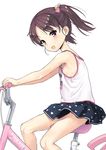  :d armpits bare_arms bare_shoulders bicycle black_skirt blush brown_eyes brown_hair child clothes_writing eyebrows_visible_through_hair from_side ground_vehicle hair_ornament heart heart_hair_ornament heart_print jiji legs looking_at_viewer looking_to_the_side miniskirt open_mouth original purple_eyes riding short_hair simple_background sitting skirt sleeveless smile solo tank_top tareme thighs twintails white_background white_camisole wind wind_lift 