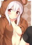  bangs bear_hood black_legwear blush breasts breasts_apart brown_background checkered checkered_background collarbone commentary_request eyebrows_visible_through_hair highres hood hoodie karutamo looking_at_viewer medium_breasts naked_hoodie navel no_bra open_clothes open_shirt original red_eyes shirt smile solo thighhighs tisshu_(karutamo) unbuttoned white_hair 