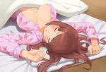  areola_slip areolae blanket breasts brown_hair cristalavi futon large_breasts long_hair long_sleeves lying on_back open_mouth open_pajamas original pajamas pillow sleeping solo under_covers wooden_floor 