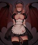  absurdres animal_ears apron bangs between_legs black_dress black_legwear blonde_hair breasts breasts_apart bright_pupils cowboy_shot dragon_girl dragon_horns dragon_tail dragon_wings dress elbow_gloves eyebrows_visible_through_hair gloves grey_background highres horns large_breasts long_hair looking_at_viewer maid maid_apron maid_headdress matilda_vin original parted_lips patreon_username pointy_ears puffy_short_sleeves puffy_sleeves sash short_sleeves slit_pupils smile solo sparks standing tail tail_between_legs thighhighs white_gloves wings yellow_eyes 
