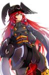  black_clothes black_feathers black_gloves blazblue blue_eyes gloves hair_ribbon hat highres lmf13007102 long_hair looking_to_the_side military military_uniform obi red_hair ribbon sash solo tress_ribbon tsubaki_yayoi uniform very_long_hair winged_hat 