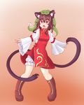  alternate_hair_length alternate_hairstyle alternate_headwear animal_ears bad_id bad_pixiv_id blush boots brown_eyes brown_hair cat_ears chen earrings fang gradient gradient_background haruirokomici hat highres jewelry long_hair long_sleeves mob_cap multiple_tails nekomata open_mouth solo standing tail touhou two_tails wide_sleeves 