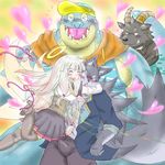  &lt;3 anthro belly blush bulge canine caprine clothed clothing crocodile crocodilian cute female gabriel goat halo hug human kemono makara male mammal managarmr overweight reptile salomonkun scalie shirt size_difference slightly_chubby swimsuit tank_top tokyo_afterschool_summoners wolf 岩頭岩_(artist) 