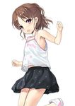  :d armpits arms_up black_skirt blush brown_eyes brown_hair camisole clothes_writing collarbone eyebrows_visible_through_hair flat_chest hands_up jiji jumping leg_up looking_at_viewer no_socks open_mouth original parted_lips ponytail shoes short_hair simple_background skirt sleeveless smile solo standing standing_on_one_leg star star_print tareme w_arms white_background white_camisole white_footwear 