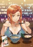  bare_shoulders black_bra bowl bra braid breast_rest breasts brown_hair cellphone chopsticks cleavage eating food french_braid ge_xi green_hair hair_ornament hairclip hard-boiled_egg highres lace lace_bra large_breasts lien_ai-chiang looking_at_viewer low_twintails multiple_girls nail_polish noodles orange_hair original out_of_frame phone pink_lips pink_nails pov pov_across_table pov_hands ramen restaurant sidelocks sleeveless smartphone solo_focus spoon teeth twintails underwear witches_in_7th_base yellow_eyes 