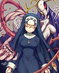  black_legwear blonde_hair blush breasts closed_eyes closed_mouth cross cross_necklace double_(skullgirls) eldritch_abomination extra_eyes full_body habit hair_between_eyes iroyopon jewelry large_breasts long_sleeves medium_breasts monster necklace nun red_eyes skullgirls smile solo thighhighs white_background 