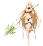  armlet armor armpit_peek bare_shoulders bikini_armor blonde_hair blue_eyes breasts cleavage closed_mouth commentary_request elf full_body hair_between_eyes halberd highres holding holding_weapon large_breasts long_hair looking_at_viewer navel nora_kaato original pointy_ears polearm sidelocks simple_background smile solo standing stomach very_long_hair weapon white_background 