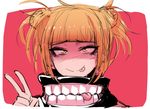  :p bangs blonde_hair blunt_bangs boku_no_hero_academia closed_mouth double_bun j.k. looking_at_viewer red_background sanpaku simple_background smile solo toga_himiko tongue tongue_out v yellow_eyes 